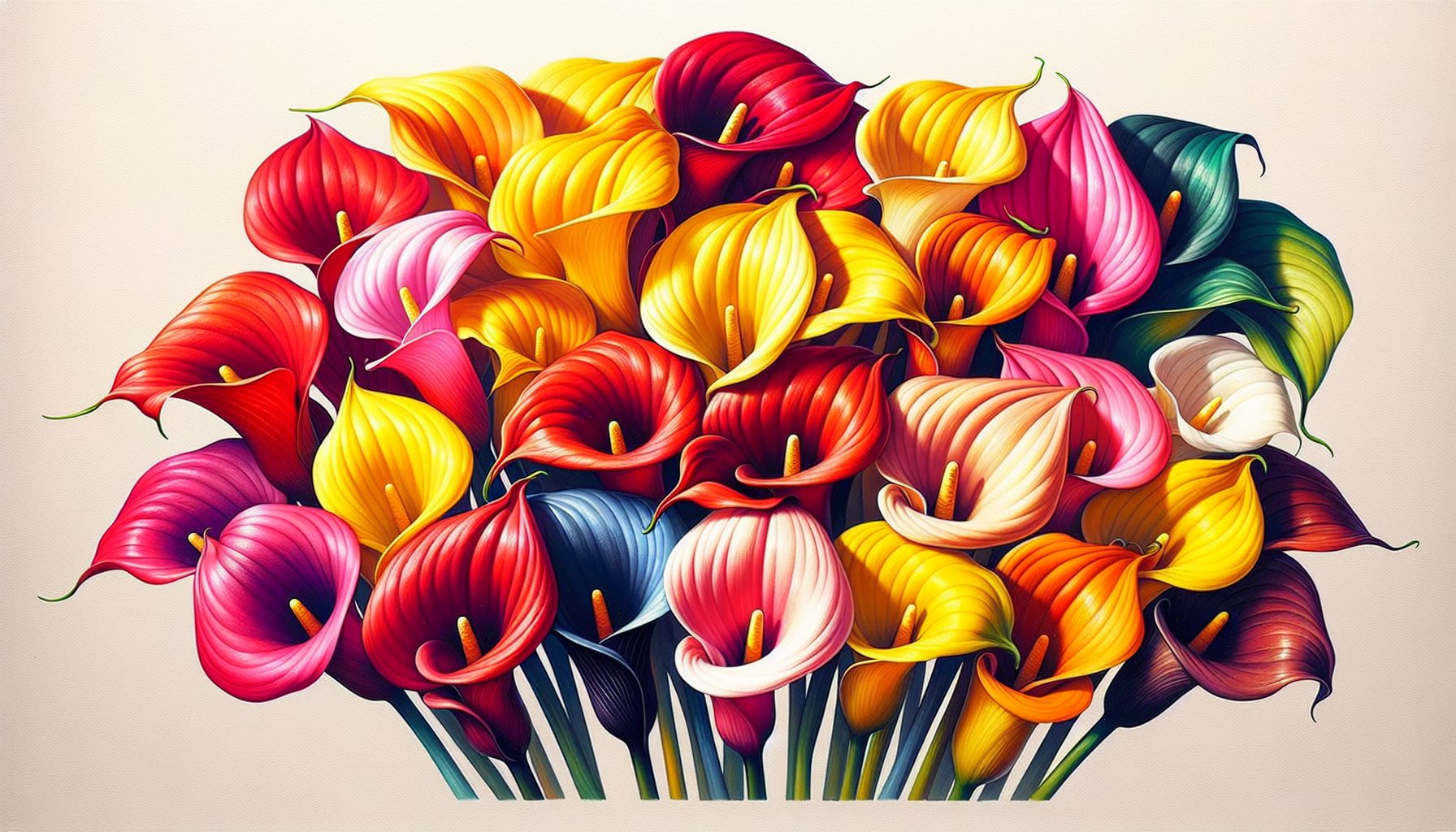 Яркая палитра: красные, розовые и жёлтые каллы