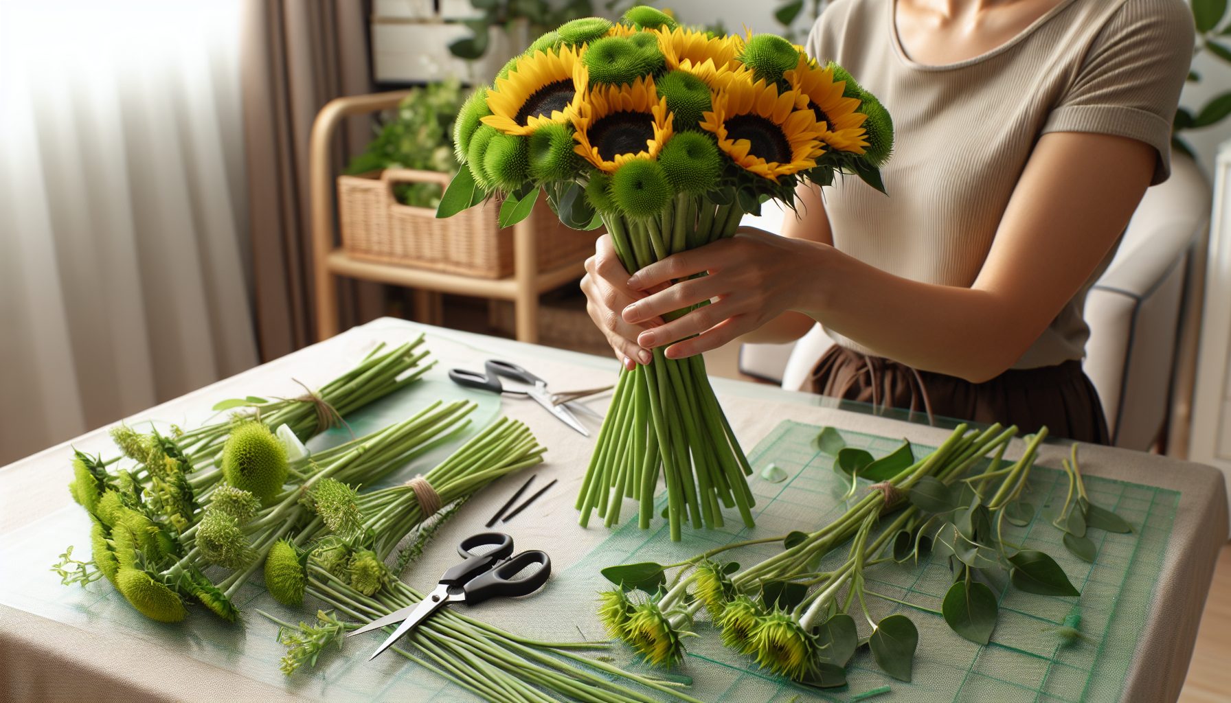 Как собрать зеленый букет из подсолнухов дома