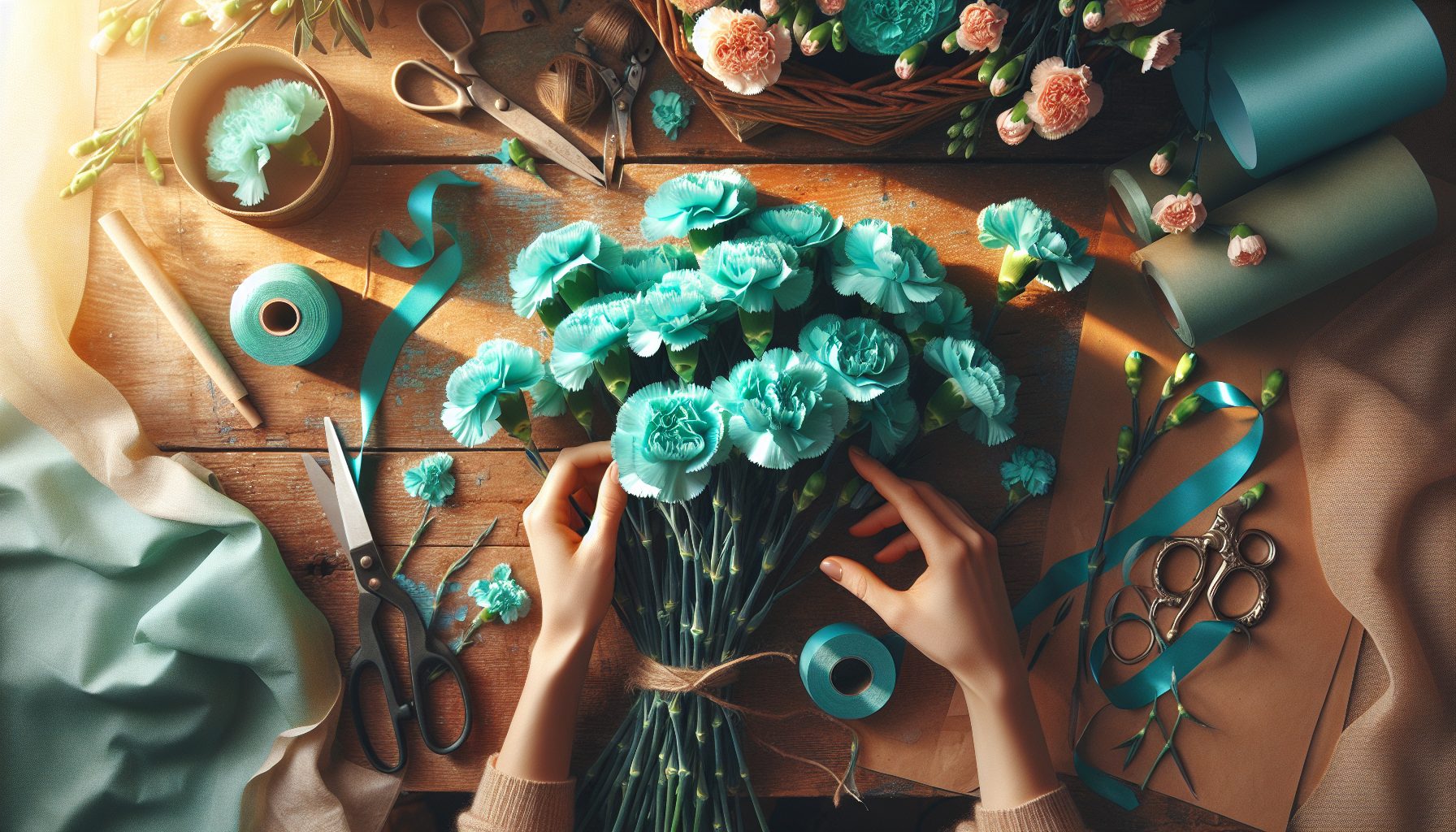 Как составить букет с бирюзовыми гвоздиками